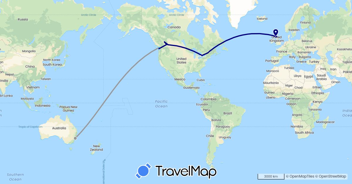 TravelMap itinerary: driving, plane, boat in Australia, Canada, United Kingdom (Europe, North America, Oceania)
